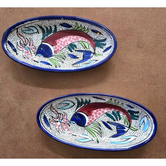 Vintage Hand Painted Fish Dish, Oval, Made in Tunisia, 10" Set of 2 - Picture 2 of 5